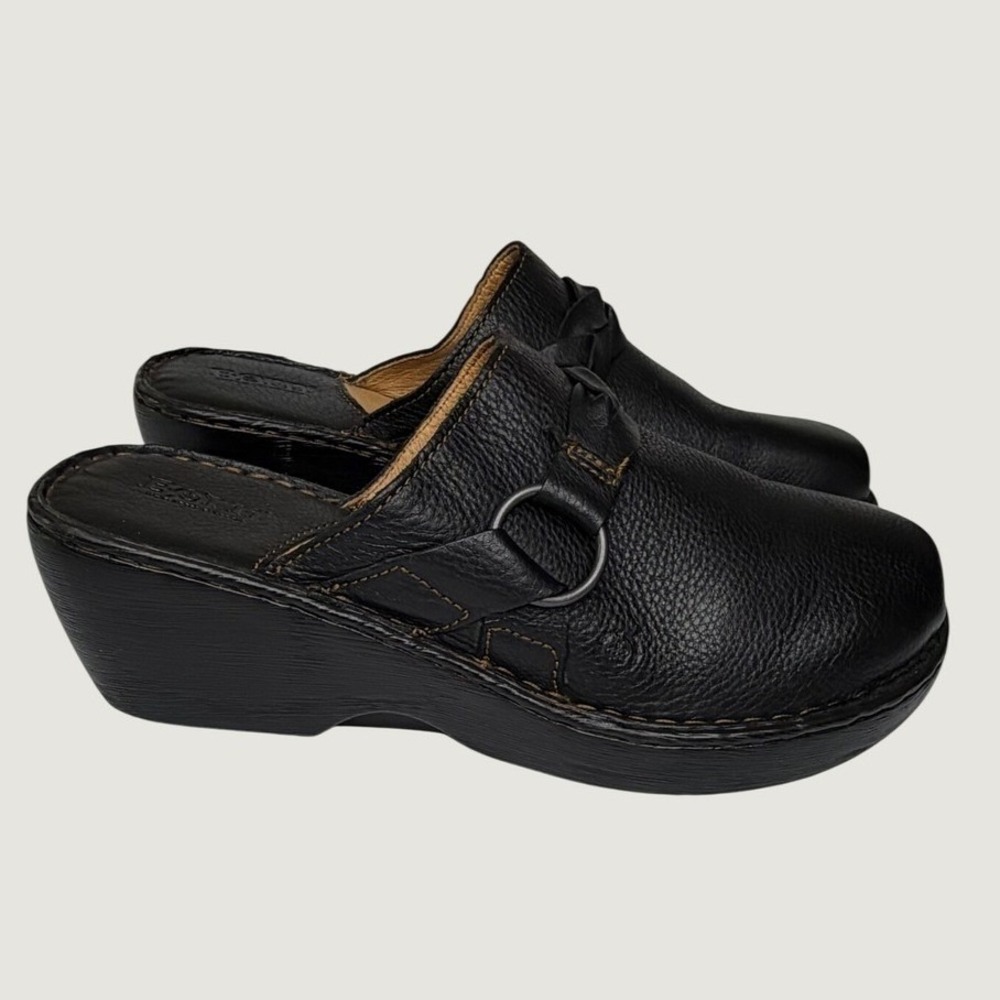 Born Leather Clogs Womens 10 M Black Excellent Braided Buckle Wedge Mules W31014